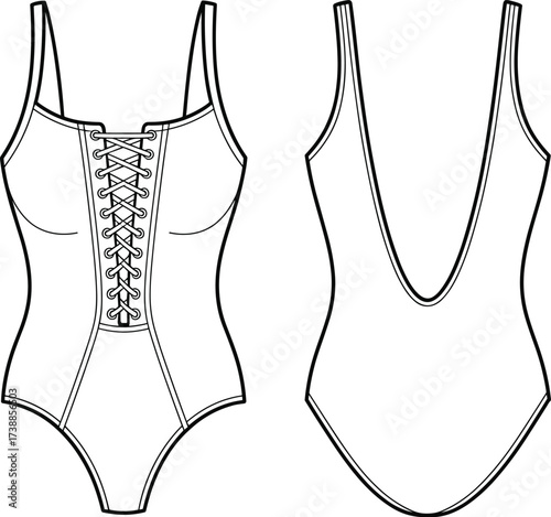 Technical flat sketch of a women's one-piece swimsuit with a lace-up front and scoop back, a swimwear design vector illustration.