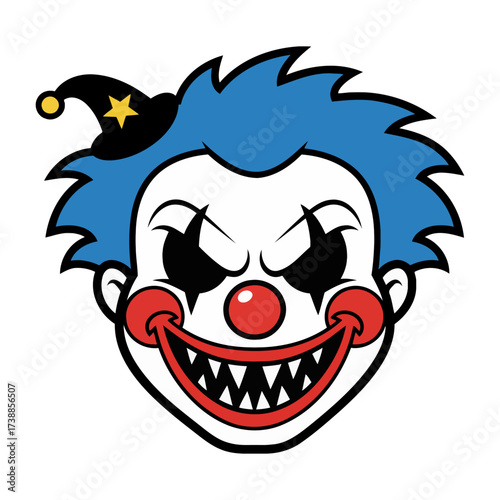 Sinister and eerie clown character illustration with sharp teeth and a mischievous grin, perfect for horror themes or spooky designs.
