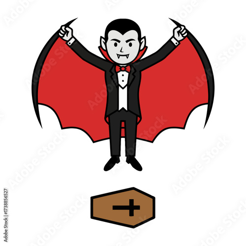 Eerie cartoon vampire character with a dramatic, flowing red cape and sharp fangs, hovering menacingly above an old coffin, perfect for spooky fantasy and horror-themed designs.