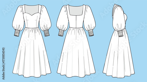 Technical flat sketch of a women's puff sleeve dress with a square neckline and smocked cuffs, a fashion apparel design vector illustration.