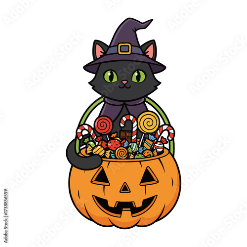 Charming cartoon black cat in a witch's hat peeking from a spooky pumpkin basket filled with a delightful assortment of trick-or-treat sweets and sugary treats.