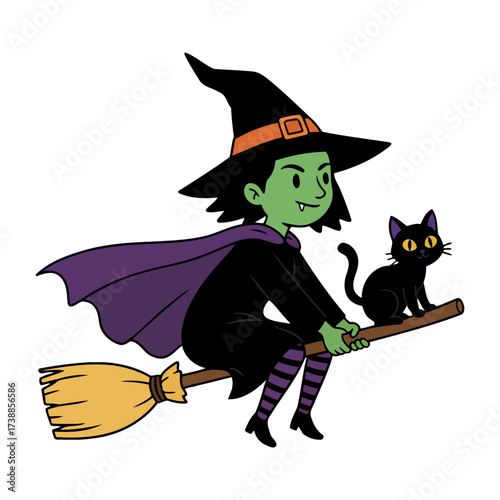 Whimsical cartoon witch with green skin and a pointy hat soaring through the air on a magical broomstick, accompanied by her loyal black cat, perfect for Halloween celebrations.