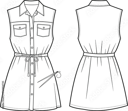 Technical flat sketch of a women's sleeveless shirt dress with a button-down front and tie belt, a fashion design vector illustration.