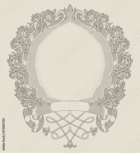 Antique wood frame with floral ornament, vintage engraving drawing style illustration