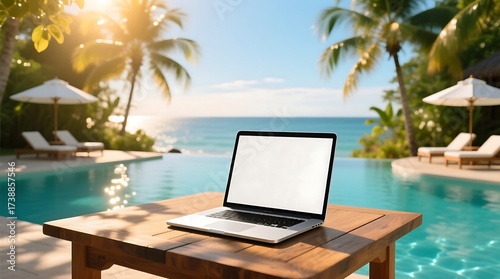Laptop with Blank Screen on Table by Tropical Infinity Pool and Ocean