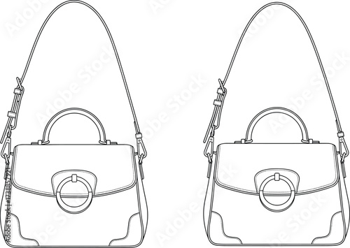 Elegant handbag CAD drawing, flat vector illustration, fashion accessory sketch, top handle bag design, technical purse outline for designers