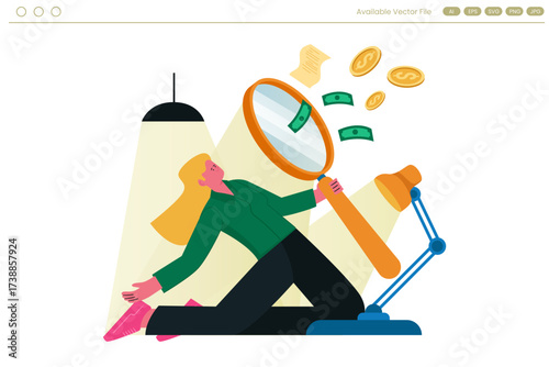 Person examining money and coins with a magnifying glass under a desk lamp