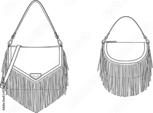 Fringe handbag illustration, boho fashion accessory, stylish shoulder bag drawing, trendy women’s purse design, detailed line art, fashion catalog sketch