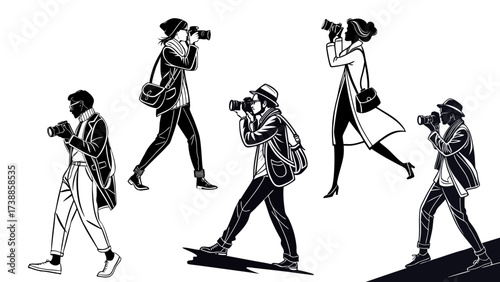 silhouettes of photographers: photographers walking with cameras,  black and white, silhouette style