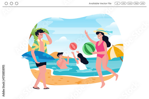 People enjoying a summer day at the beach with a surfboard and beach ball