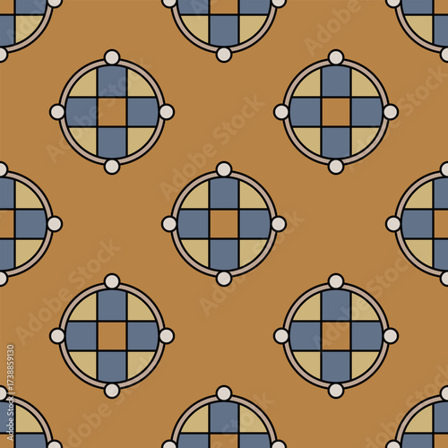 Seamless geometrical pattern with abstract round mandalas. Medieval European design. On orange background.
