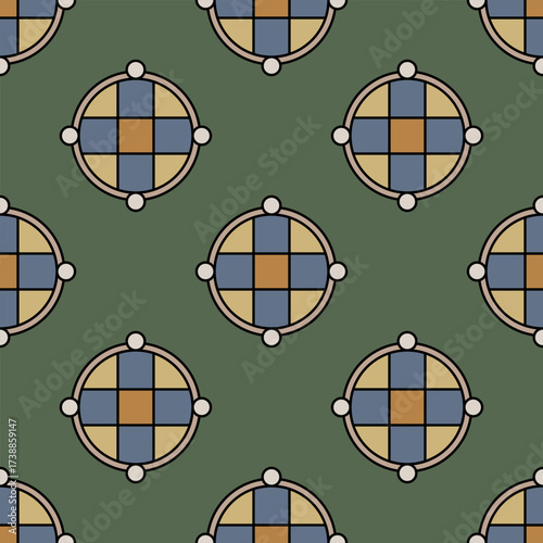 Seamless geometrical pattern with abstract round mandalas. Medieval European design. On green background.