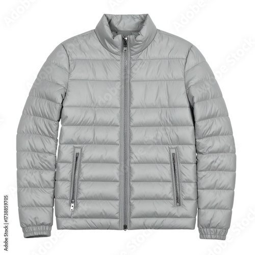 Light grey quilted jacket displayed against a black background showcasing a modern, insulated outerwear piece.