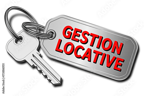 Silver key and keychain with red text gestion locative for property management