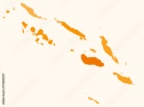 Map of Solomon Islands with regions. Just a simple country border map with region division. Orange color palette. Blank Solomon Islands shape with administrative division. Vector illustration.