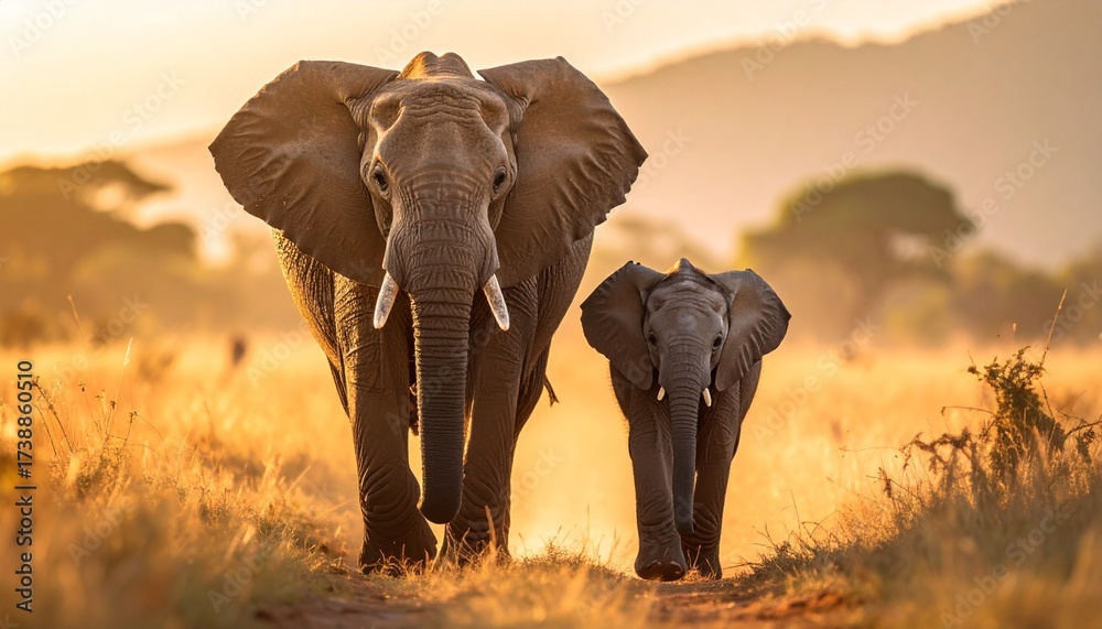 Fototapeta premium Majestic African elephants walking together at sunset, a serene scene of wildlife in golden light, perfect for conservation campaigns or travel brochures showcasing the beauty of nature