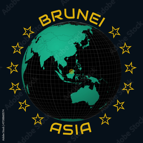 Brunei on Globe. Round country and continent name text. Country view on world map in Black Emerald color palette. Brunei shape on map. Modern vector illustration.