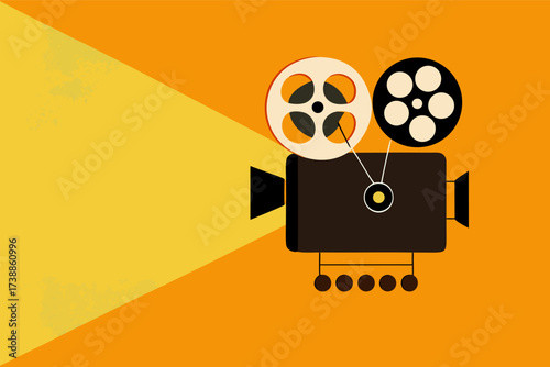 Vintage Film Projector Illuminating a Bright Yellow Background with Light Beam