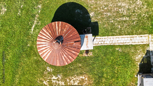 Aerial View of Rusty Farm Silo Roof