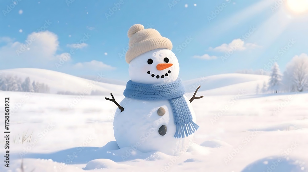 Obraz premium A Cheerful Snowman Stands Happily in a Bright Snowy Winter Landscape