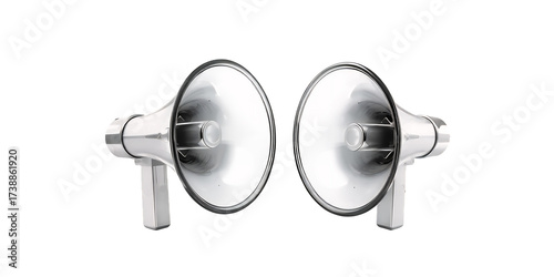 Two Shiny Chrome Megaphones Facing Opposite Directions Against A Transparent Background