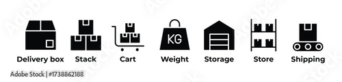 From Boxes to Shipping Icons set vector illustration glyph with Delivery box, Stack, Cart, Weight, Storage, Store, Shipping
