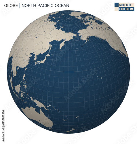 Vector Globe centered to North Pacific Ocean. Steel Blue Light Cream palette. World map with meridians, parallels, countries, rivers and lakes. Classy vector illustration.