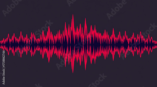 A deep red and magenta sound wave illustration with extremely sharp, distorted peaks.
