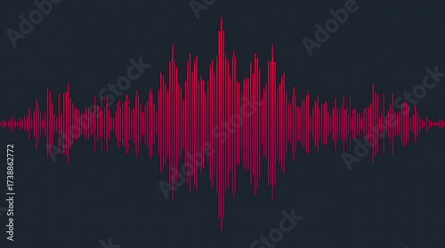 A deep red and magenta sound wave illustration with extremely sharp, distorted peaks.
