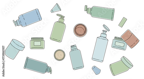 Cosmetic products scattered on a white background for beauty.