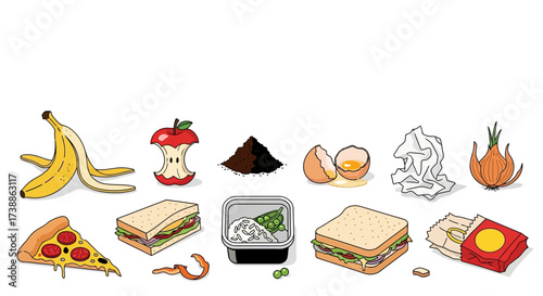 Food Waste Composition - Banana Peel, Apple Core, Coffee Grounds, Eggshells, and More.