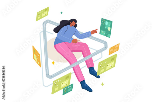 Person interacting with holographic data screens