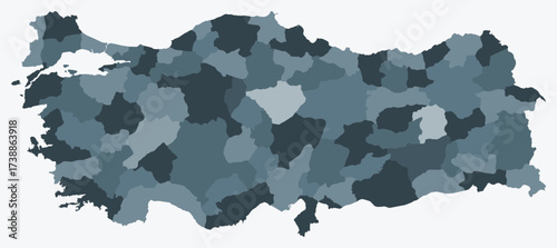 Map of Turkey with regions. Just a simple country border map with region division. Blue grey color palette. Plain Turkey shape with administrative division. Vector illustration.