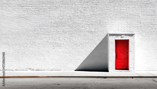 Red door on a white brick wall.