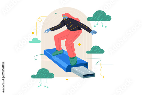 Person surfing on a USB drive with clouds and stars