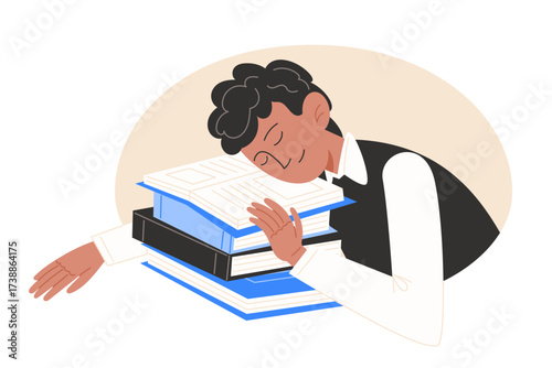 Person sleeping on a stack of books