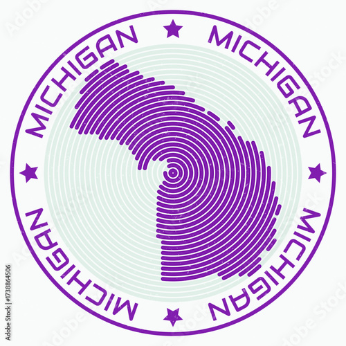 Michigan map with round title. State shape rings. Michigan text around the state boundary shape. Classy vector illustration.