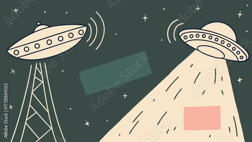 Sci-Fi Cartoon Alien Spaceships Beaming Light and Signals to Earth