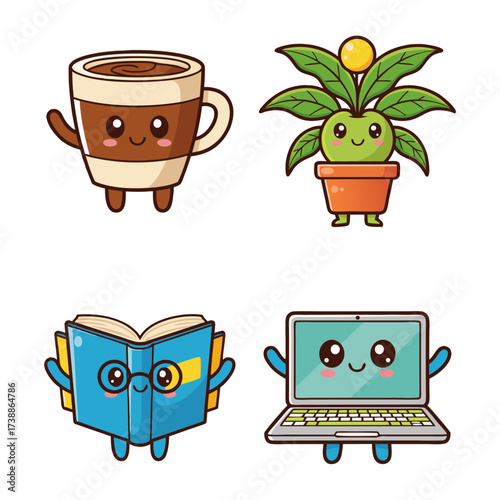 Cute Cartoon Characters Coffee, Plant, Book, and Laptop – Educational & Fun!