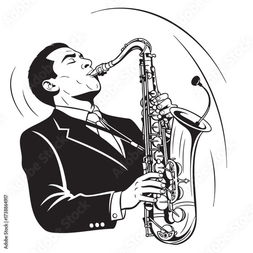 Saxophone Player in Action A Classic Jazz Performance Illustrated in Black and White