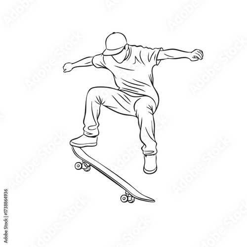 Hand-drawn line art illustration of a skateboarder executing a dynamic jump trick, isolated on a white background. Urban sports and youth lifestyle concept