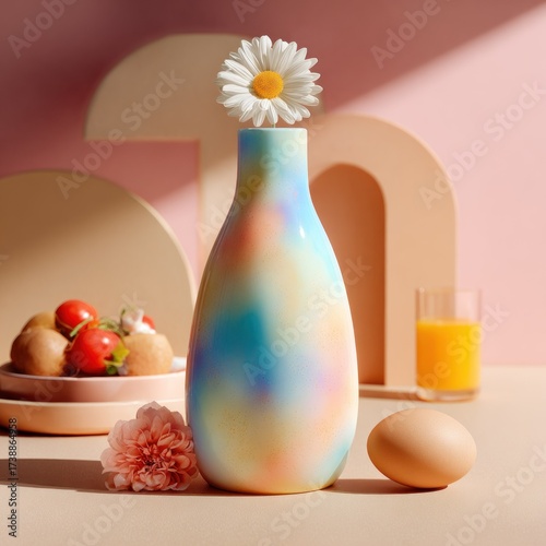 A pastel vase with a daisy sits center, complemented by food and drink on a soft, pink backdrop
