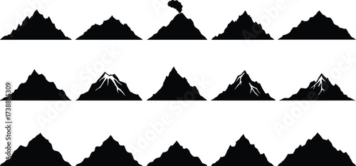 Mountain silhouette vector illustration set with volcano eruption, rocky peaks, outdoor adventure, hiking nature landscape, climbing travel design elementsMountain silhouette vector illustration set 