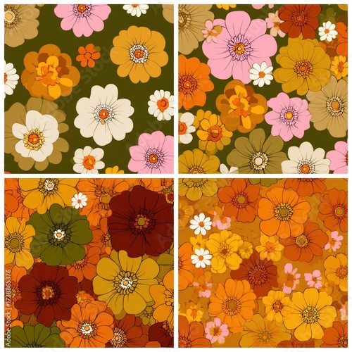 Four panels of retro floral patterns with various colors and arrangements
