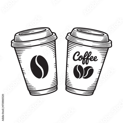 Two Coffee Cups with Coffee Bean Designs Hand Drawn Style Aromatic Brew for Take Away Drink Black and White