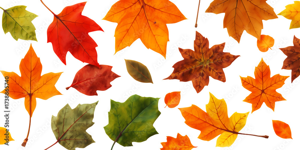 Fototapeta premium Assorted Autumn Leaves In Vibrant Colors Including Red Orange Yellow And Green Scattered On A Transparent Background