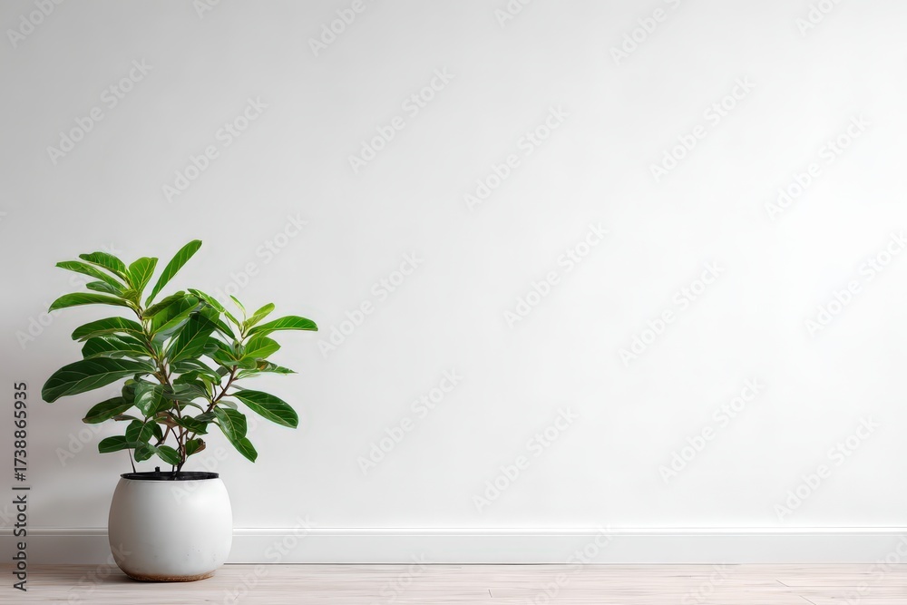 Fototapeta premium Indoor Plant in Minimalist Pot Against White Wall Background
