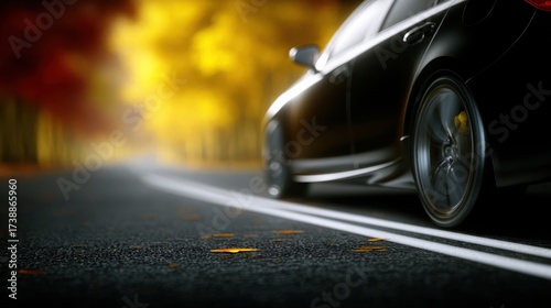 Elegant black luxury car driving on scenic asphalt road showcasing modern design sleek performance motion blur urban style and automotive innovation in outdoor setting