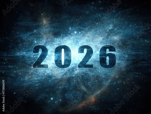 Digitized year 2026 floating over a blue, cosmic nebula background, stars included