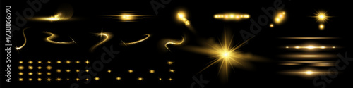 Glow isolated white transparent light effect set, lens flare, explosion, glitter, line, sun flash, spark and stars. Abstract special effect element design.